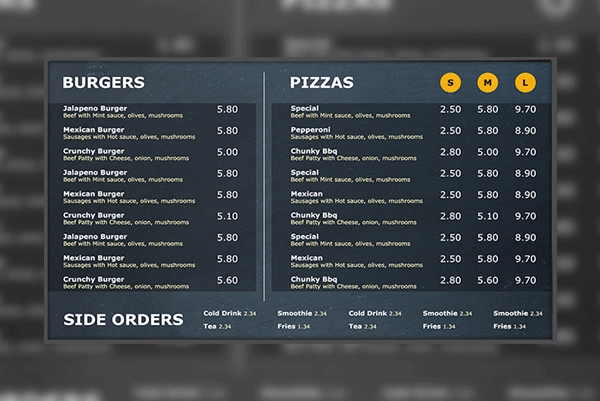 Pizza digital menu board