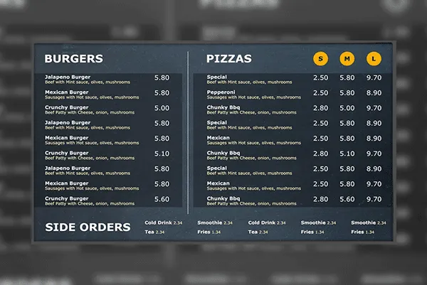 Pizza digital menu board