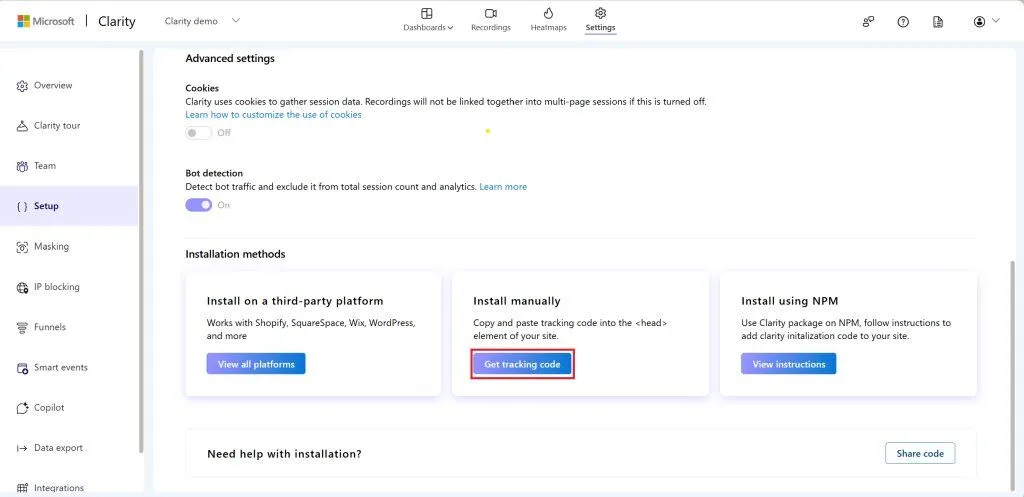 Clarity get tracking code