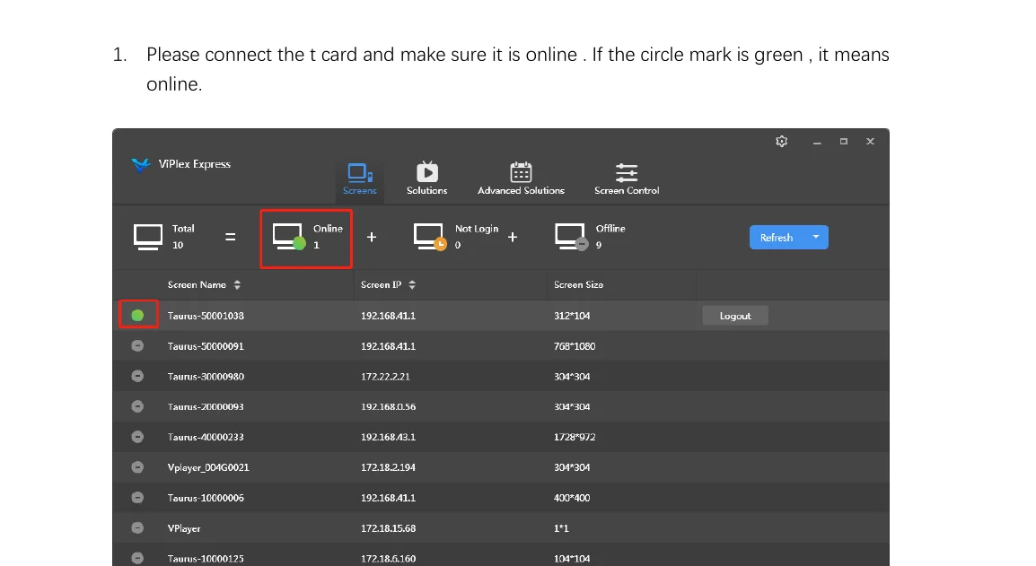 VipLex Express showing Taurus controller with green online indicator