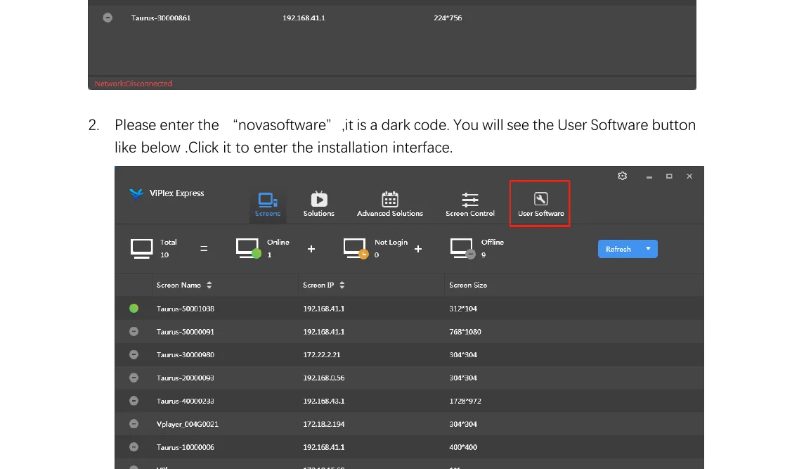 VipLex Express after typing novasoft showing User Software icon
