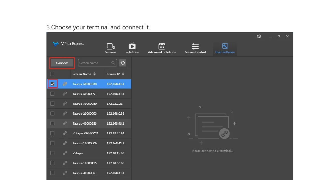 User Software tab showing the Connect button
