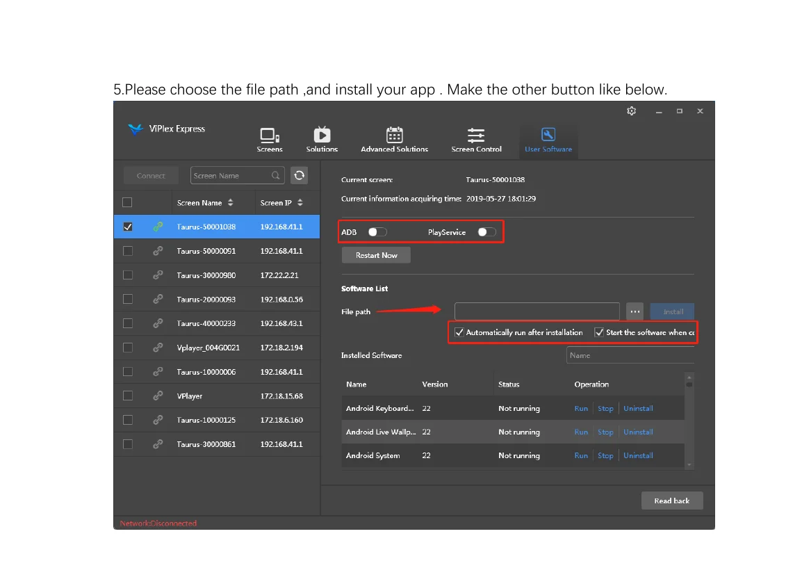 Software List panel with checkboxes to install NoviSign