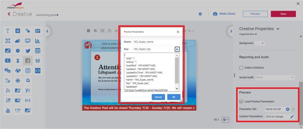 Preview parameters window Preview parameters window