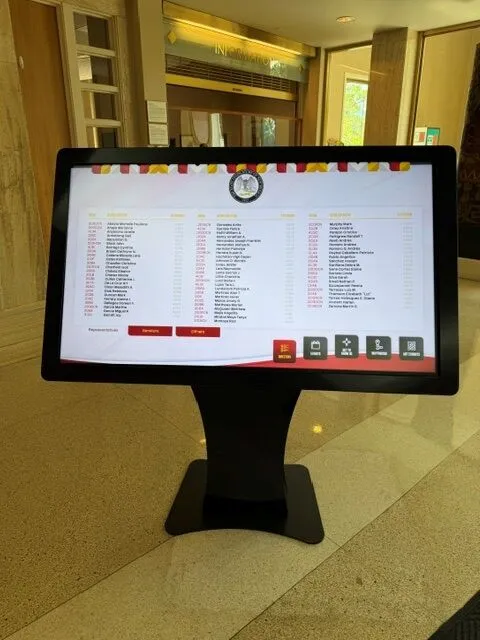 Searchable directory screen on NoviSign kiosk listing representatives and senators by room and extension