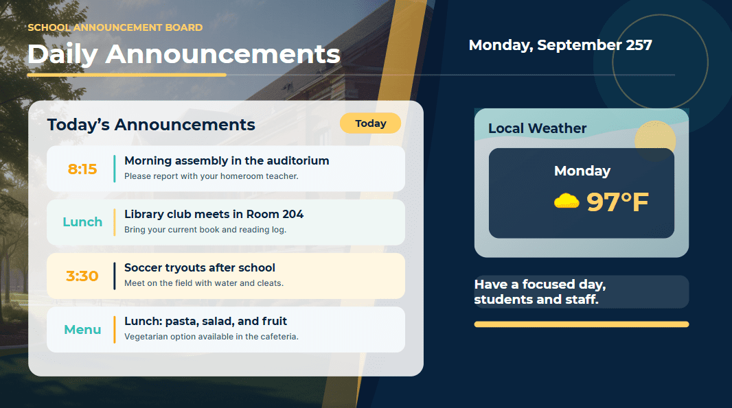 AI-generated school announcement board for a school campus