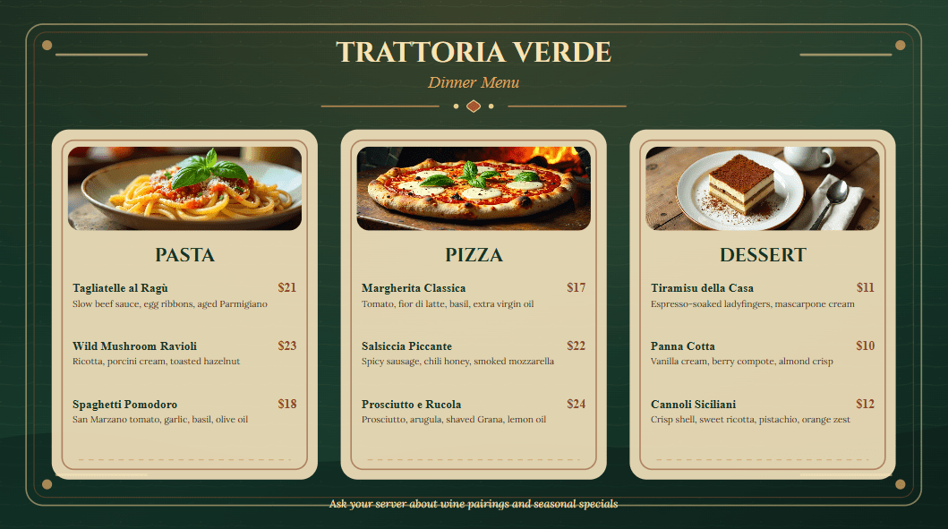 AI-generated pizza restaurant digital menu board with four pizzas images descriptions and prices