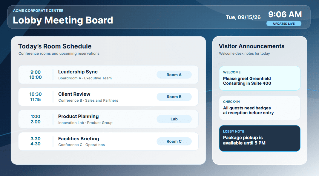 AI-generated internal communications digital signage screen with company news meetings and employee updates
