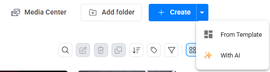 NoviSign Studio Create dropdown showing options to create from a template or with AI