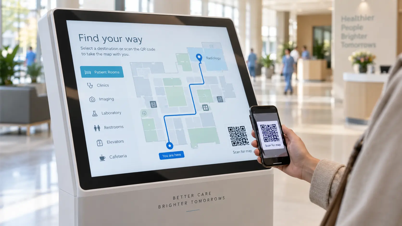 Interactive wayfinding kiosks with QR code