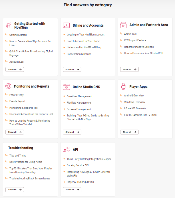 Screenshot of the NoviSign Help Center homepage displaying all available categories for support and guidance.
