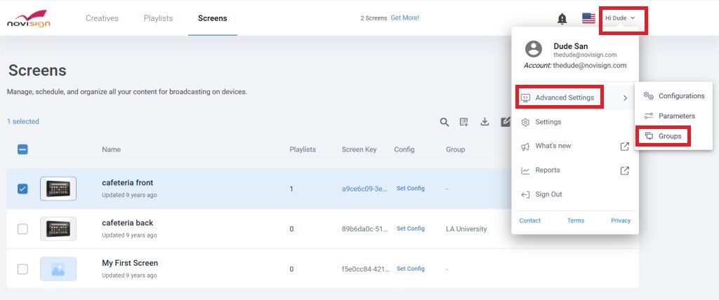 Screen advanced menu