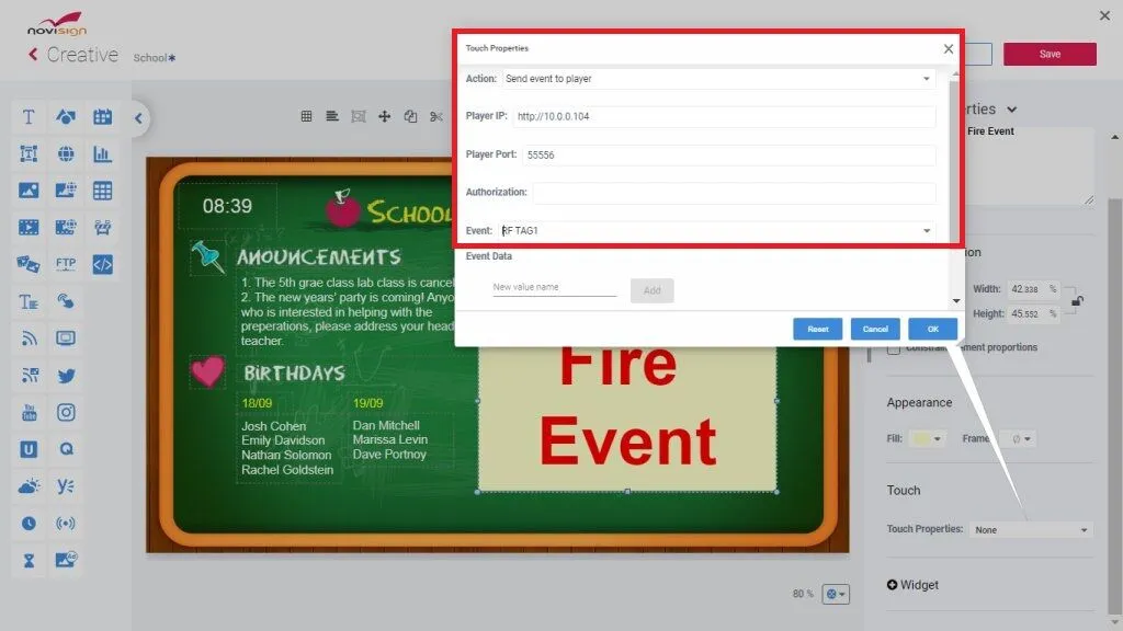 Sent event to player properties