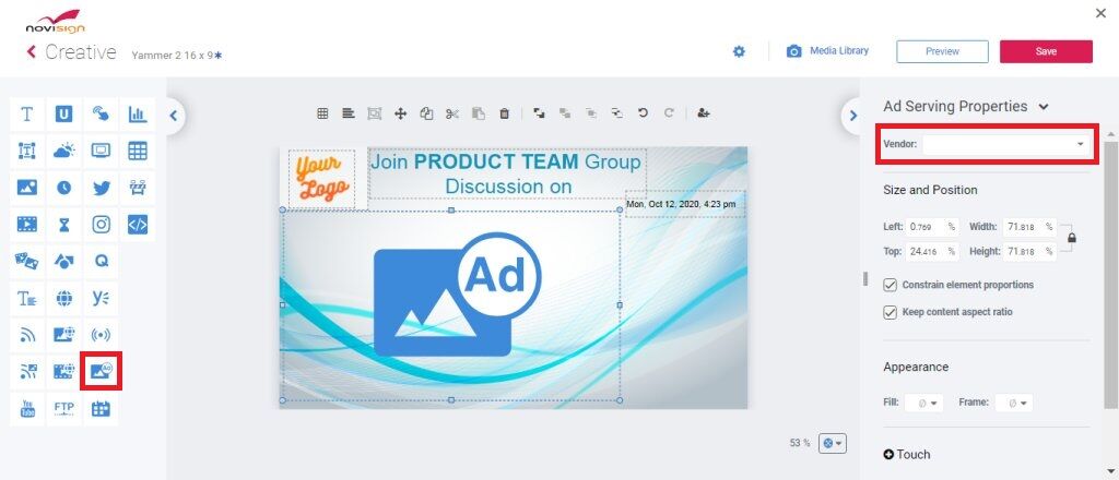 Step 1 dragging the Ad widget 