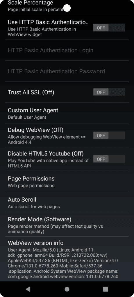 Android webview in NoviSign settings