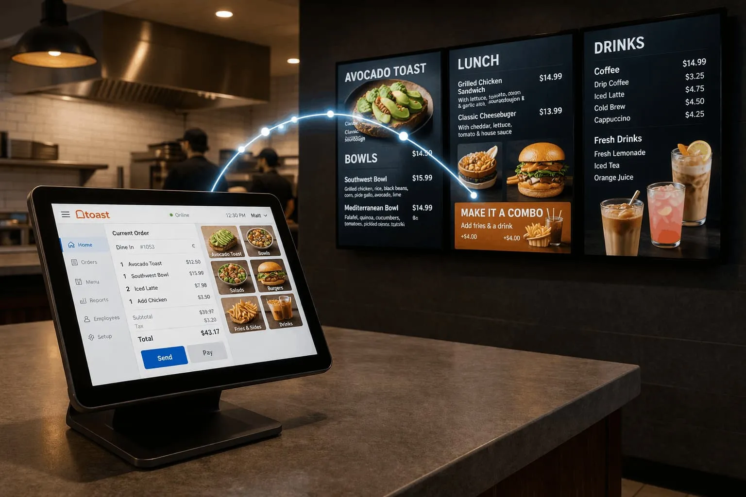 POS system syncing menu data to restaurant digital menu boards