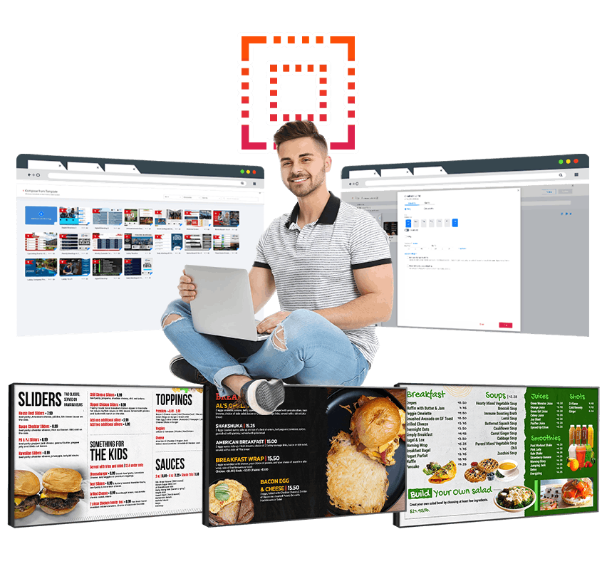 Branded digital menu board layout with breakfast lunch and dinner content blocks