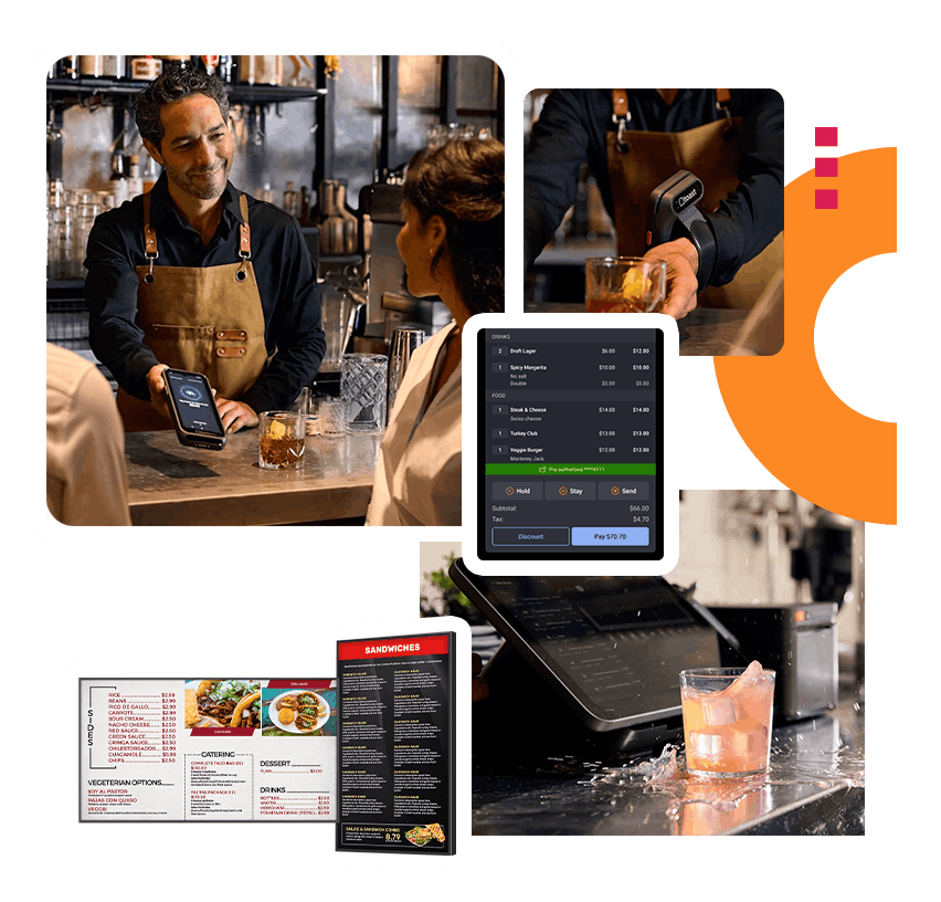 Digital menu board showing promotions sold-out items and upsell content
