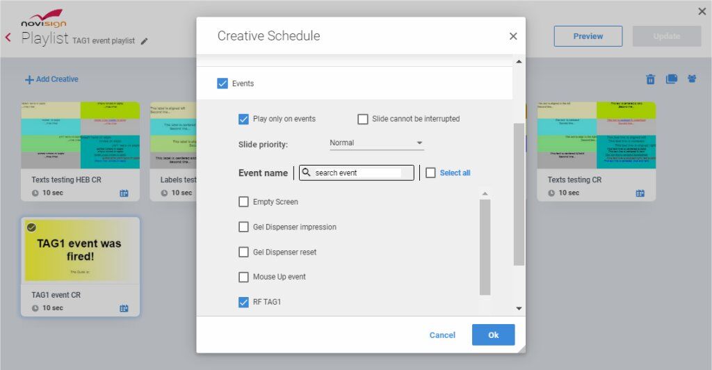 Setting event on creative