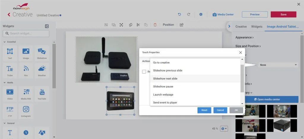 Touch properties options
