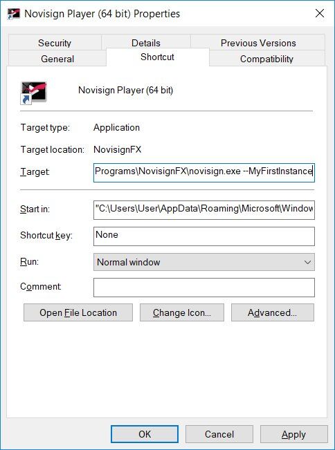 App shortcut properties