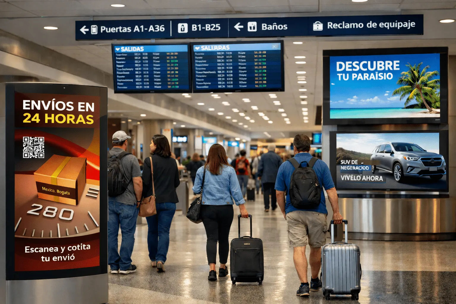 Travelers at bustling airport terminal 