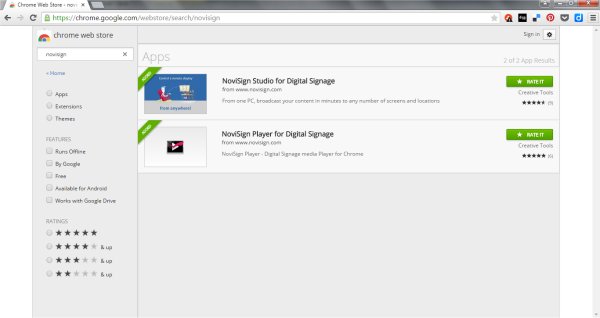 Google Chrome Web Store NoviSign apps