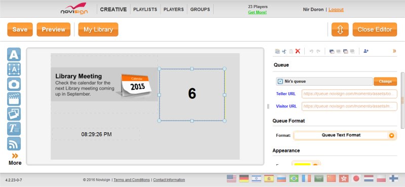 Digital signage queue widget in the Creative Composer