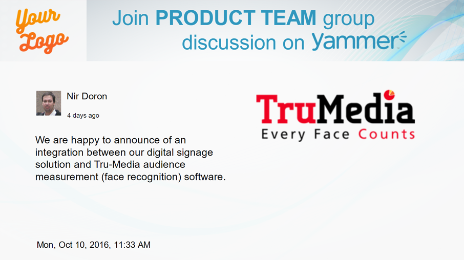 Yammer template on NoviSign digital signage screen