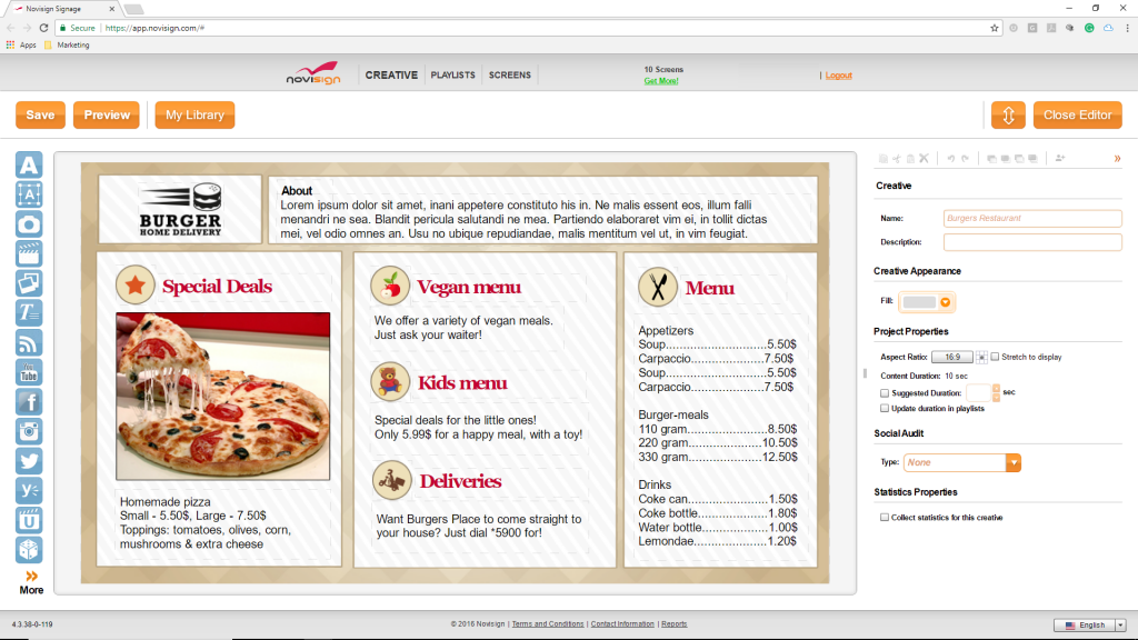 Digital menu board for pizzaria