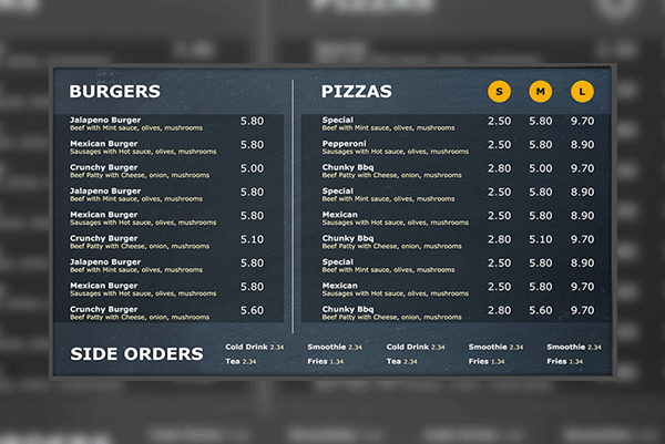 Pizza digital menu board