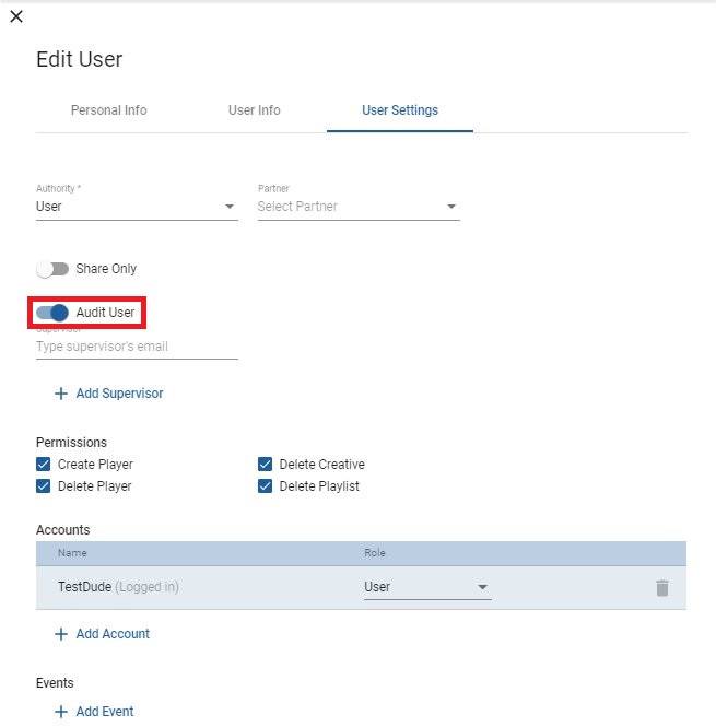 Audit user setting