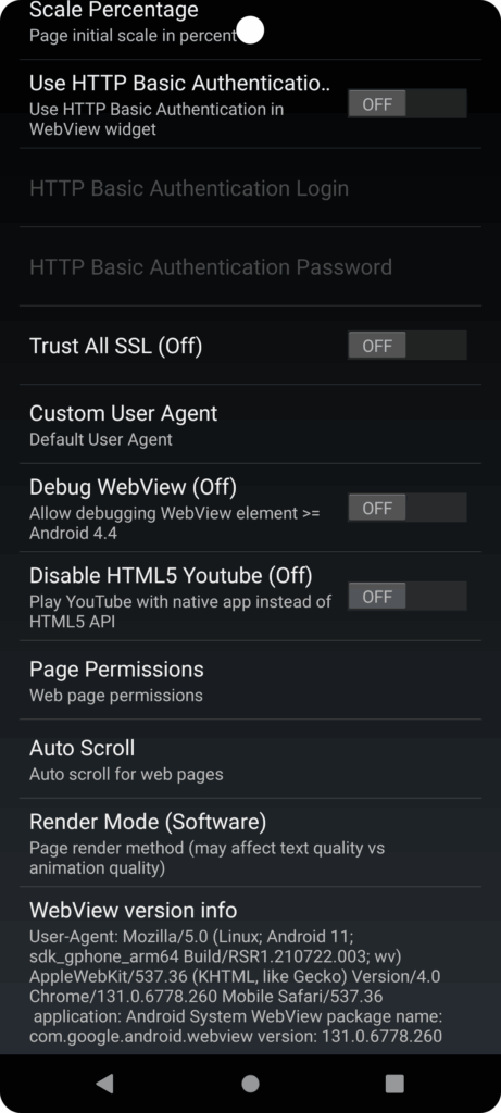 Android webview in NoviSign settings