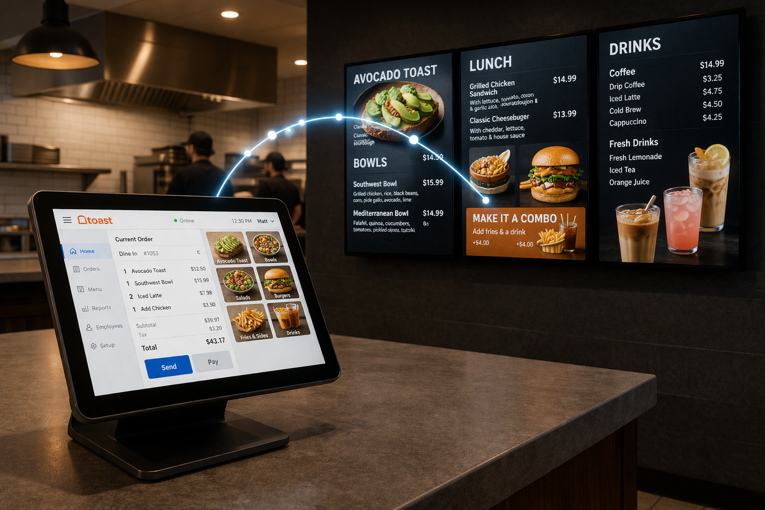 POS system syncing menu data to restaurant digital menu boards