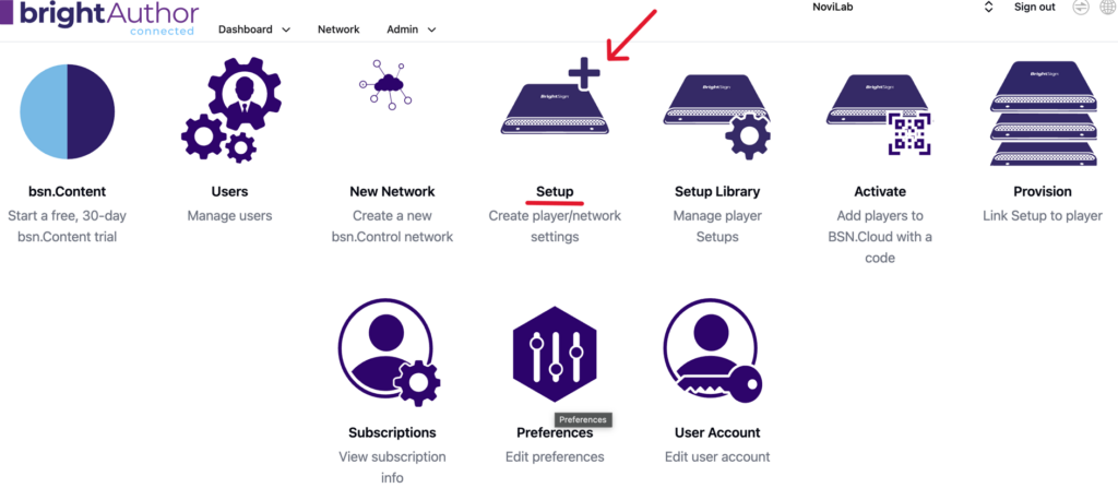 BSN.Cloud Setup menu