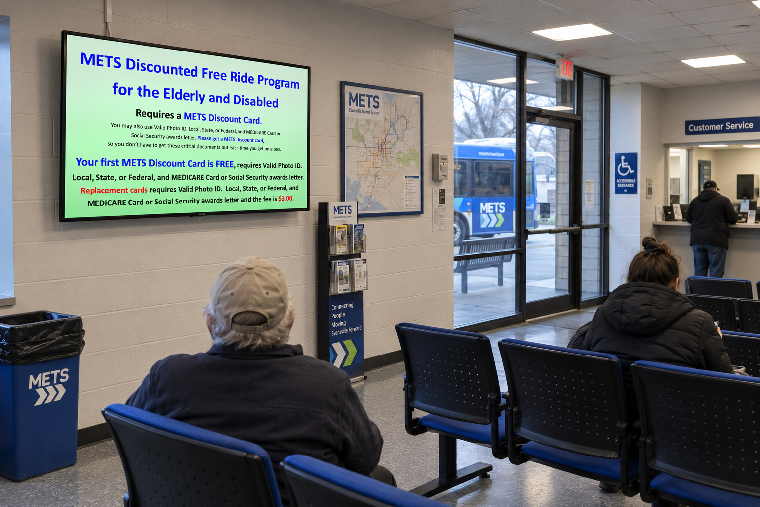 Customer-facing NoviSign screen at the METS Downtown Terminal displaying a bilingual rider alert about the Dr. Martin Luther King Jr. Day schedule change