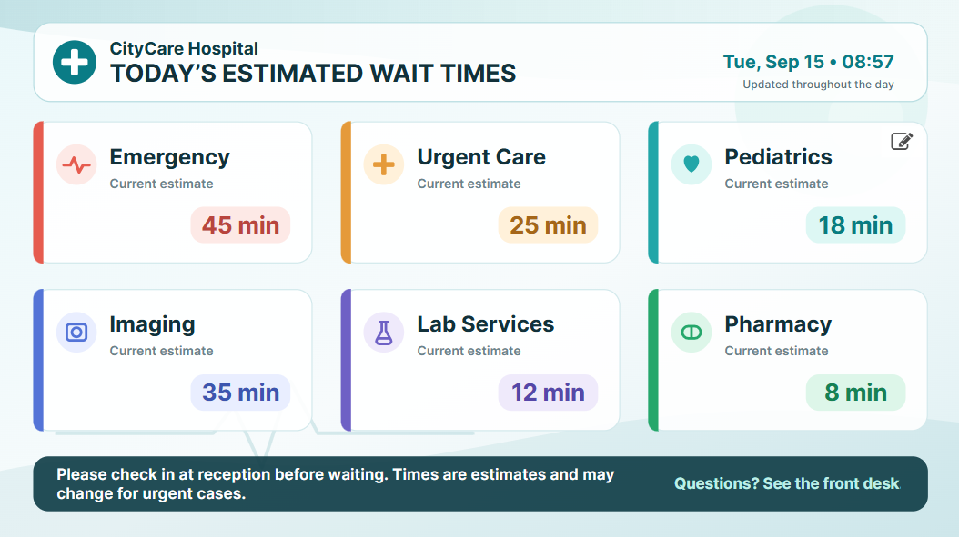 AI-generated healthcare waiting room digital signage screen with clinic information and health tips
