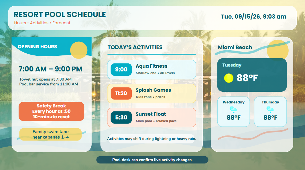 AI-generated hotel lobby digital signage screen with events amenities weather and guest information